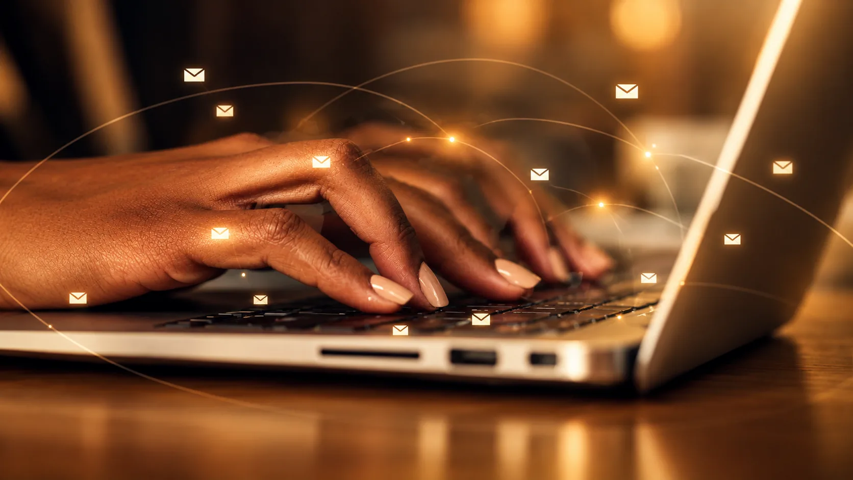 A woman's hands typing on a laptop keyboard, with small glowing envelope icons and light trails floating around them