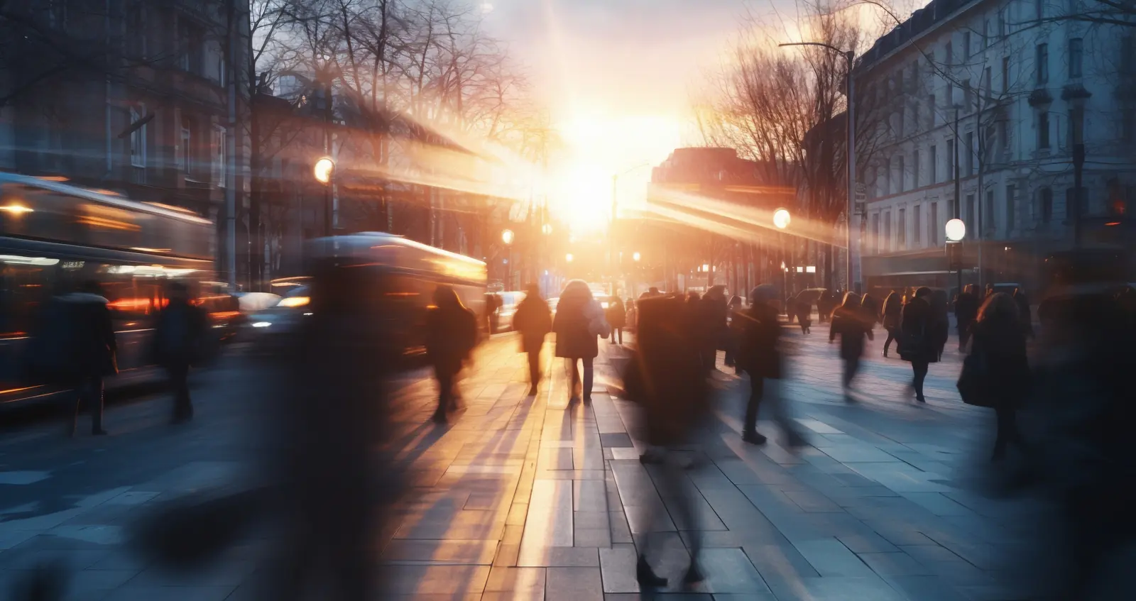 Blurred pedestrians walk down a city street toward a low sun between buildings and bare trees