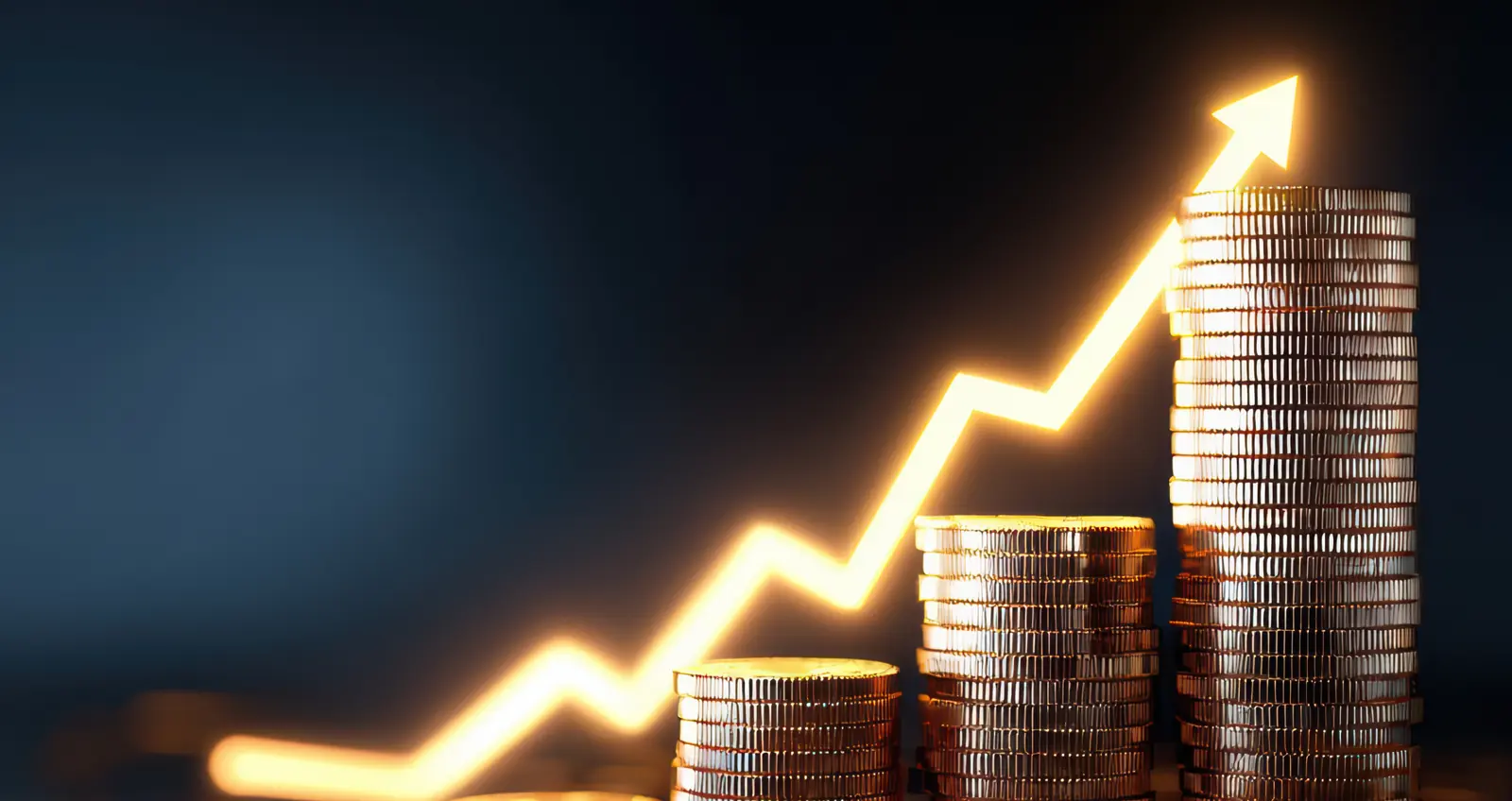 A glowing upward arrow rises behind stacks of coins against a dark background